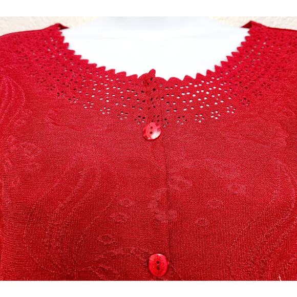 Rebecca Malone Petites Red Button Up Cardigan Sweater PXL Scalloped Hem Soft - Picture 3 of 7